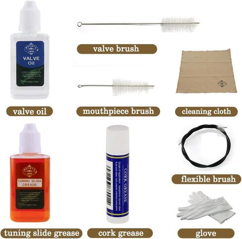 مجموعة تنظيف العناية الروشيكس ترومبيت/كورنيت مجموعة الصيانة الكاكي وزيت الصمام، شحم انزلاق، فرشاة مرنة، فرشاة صمام، فرشاة للفم، دهن الفلين، قطعة قماش تنظيف وأكثر من ذلك in Kuwait