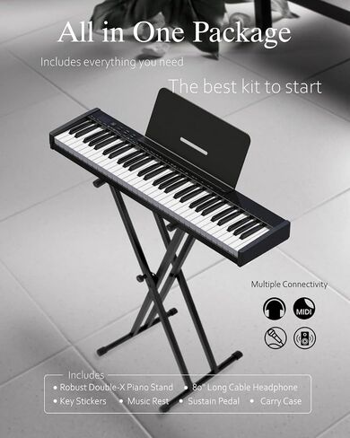 Longeye Piano Keyboard 61 Key Semi Weighted Portable Compact Keyboard Piano for Beginners with Stand, Headphones, Sustain Pedal, Carrying Case, Black in Saudi Arabia