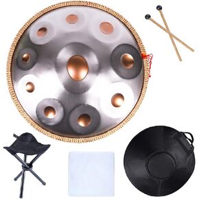طقم طبول LingTing Handpan مقاس 22 بوصة D Minor Steel Hand Drum مع حقيبة يد ناعمة، 2 مطرقة يدوية، حامل يدوي، قطعة قماش خالية من الغبار (ذهبي رمادي، 10 ملاحظات) in Kuwait