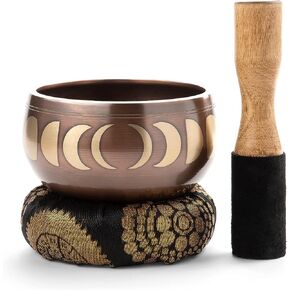 Singing Bowl Set with Wooden Mallet and Cushion, Brass – Unique, Tibetan Bowls for Meditation with Phases of Moon Design - Lightweight Bowl - Exquisite Spiritual Decor for Home, Yoga Studio in Kuwait