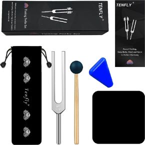 TENFLY 528 Hz Tuning Fork for Healing, DNA Repair, Reliever Stress and Perfect Musical Instrument, Frequency of Love, Silver, with Black Rubber Mallet, Triangular Silicone and Velvet Storage Bag