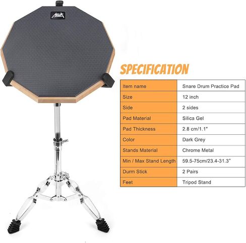 Practice Drum Pad, 12 Inch Exercise Pads Set Mat for Adult Kids with Snare Drums Stand Double Sided Drumsticks in Kuwait