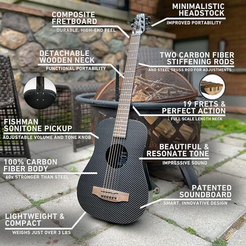 KLOS Travel Deluxe, Durable Carbon Fiber Acoustic Electric Guitar - Black with Gig Bag, Strap, Capo, and more in Saudi Arabia
