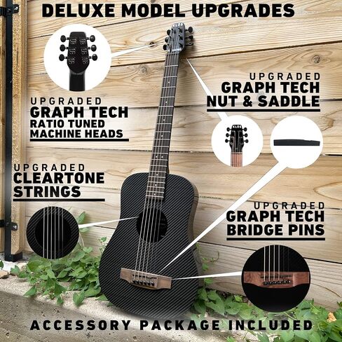 KLOS Travel Deluxe, Durable Carbon Fiber Acoustic Electric Guitar - Black with Gig Bag, Strap, Capo, and more in Saudi Arabia