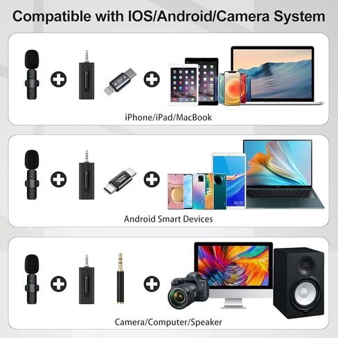 ميكروفون لافالير لاسلكي لهواتف iPhone/Android/الكاميرا/الكمبيوتر/الكمبيوتر المحمول، ميكروفون مكثف متعدد الاتجاهات للتسجيل مع تأخير منخفض للغاية، ميكروفون لإلغاء الضوضاء على شكل طية صدر السترة لمقابلة YouTube Tiktok Vlog in Kuwait