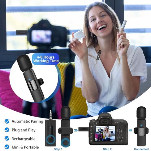 ميكروفون لافالير لاسلكي لهواتف iPhone/Android/الكاميرا/الكمبيوتر/الكمبيوتر المحمول، ميكروفون مكثف متعدد الاتجاهات للتسجيل مع تأخير منخفض للغاية، ميكروفون لإلغاء الضوضاء على شكل طية صدر السترة لمقابلة YouTube Tiktok Vlog in Kuwait