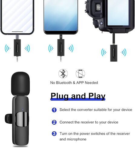 ميكروفون لافالير لاسلكي لهواتف iPhone/Android/الكاميرا/الكمبيوتر/الكمبيوتر المحمول، ميكروفون مكثف متعدد الاتجاهات للتسجيل مع تأخير منخفض للغاية، ميكروفون لإلغاء الضوضاء على شكل طية صدر السترة لمقابلة YouTube Tiktok Vlog in Kuwait
