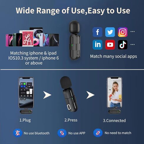 ميكروفون لافالير لاسلكي لجهاز iPhone iPad، 2023 مشبك على ميكروفون لهاتف iPhone مع ثلاث شرائح لتقليل الضوضاء ذات تأخير منخفض جدًا، ميكروفون لاسلكي صغير على شكل طية صدر السترة لتسجيل صوت الفيديو، والبث المباشر، والمقابلة in Kuwait