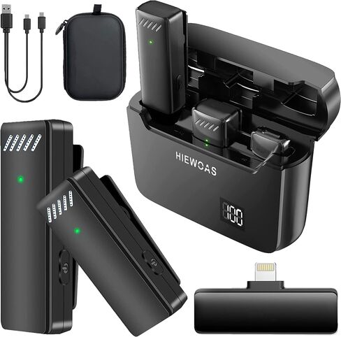 ميكروفون لاسلكي من HIEWOAS لهاتف iPhone، وميكروفونات Lavalier Lapel مع علبة شحن، ومشبك تشغيل على ميكروفون iPhone لتسجيل الفيديو، وTikTok، والبودكاست (2023) in Saudi Arabia