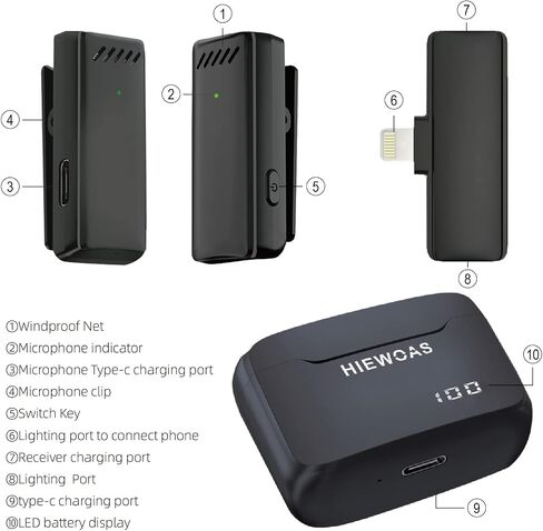 ميكروفون لاسلكي من HIEWOAS لهاتف iPhone، وميكروفونات Lavalier Lapel مع علبة شحن، ومشبك تشغيل على ميكروفون iPhone لتسجيل الفيديو، وTikTok، والبودكاست (2023) in Saudi Arabia