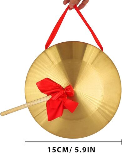 Gong Instrument (5.9inch/15cm),Chinese Traditional Percussion Instrument Brass Gong with Wooden Mallet and Red Hanging Ribbon, Suitable for Wedding Opening Celebration in Saudi Arabia