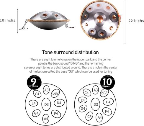 طقم طبول LingTing Handpan مقاس 22 بوصة D Minor Steel Hand Drum مع حقيبة يد ناعمة، 2 مطرقة يدوية، حامل يدوي، قطعة قماش خالية من الغبار (ذهبي رمادي، 10 ملاحظات) in Kuwait