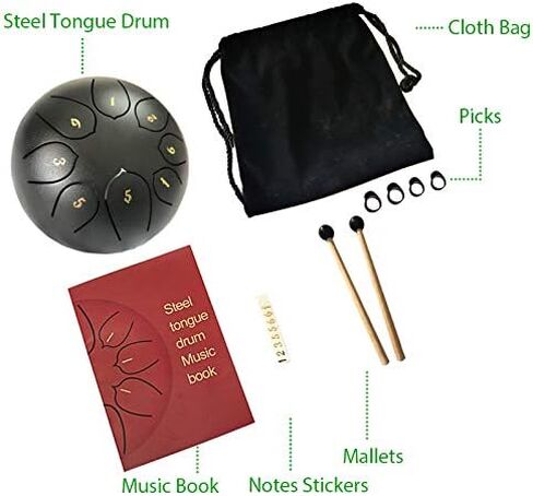 Steel Tongue Drum - 6 inches 8 Notes - Percussion Instrument - with Pouch, Book, Mallets, Finger Picks in Kuwait