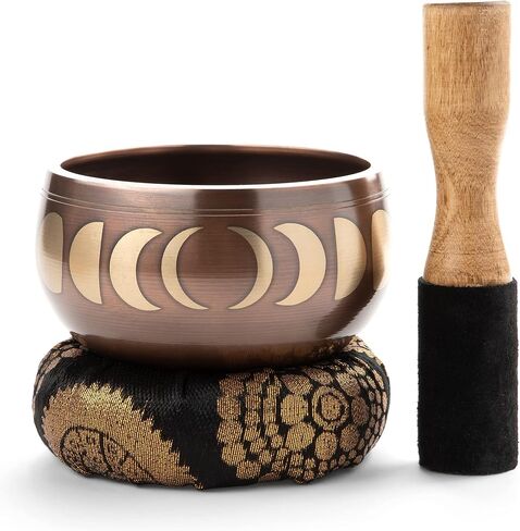 Singing Bowl Set with Wooden Mallet and Cushion, Brass – Unique, Tibetan Bowls for Meditation with Phases of Moon Design - Lightweight Bowl - Exquisite Spiritual Decor for Home, Yoga Studio in Kuwait