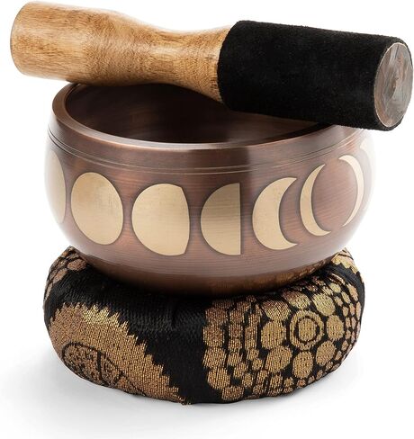Singing Bowl Set with Wooden Mallet and Cushion, Brass – Unique, Tibetan Bowls for Meditation with Phases of Moon Design - Lightweight Bowl - Exquisite Spiritual Decor for Home, Yoga Studio in Kuwait