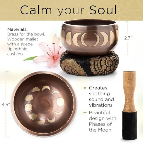 Singing Bowl Set with Wooden Mallet and Cushion, Brass – Unique, Tibetan Bowls for Meditation with Phases of Moon Design - Lightweight Bowl - Exquisite Spiritual Decor for Home, Yoga Studio in Kuwait