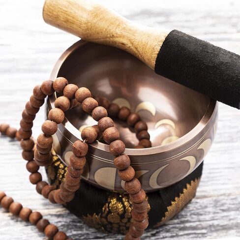 Singing Bowl Set with Wooden Mallet and Cushion, Brass – Unique, Tibetan Bowls for Meditation with Phases of Moon Design - Lightweight Bowl - Exquisite Spiritual Decor for Home, Yoga Studio in Kuwait