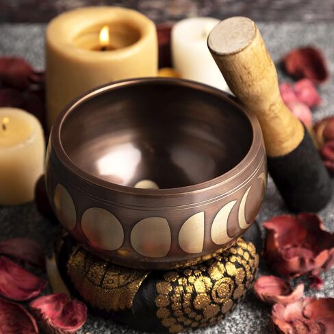 Singing Bowl Set with Wooden Mallet and Cushion, Brass – Unique, Tibetan Bowls for Meditation with Phases of Moon Design - Lightweight Bowl - Exquisite Spiritual Decor for Home, Yoga Studio in Kuwait