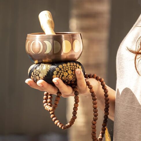 Singing Bowl Set with Wooden Mallet and Cushion, Brass – Unique, Tibetan Bowls for Meditation with Phases of Moon Design - Lightweight Bowl - Exquisite Spiritual Decor for Home, Yoga Studio in Kuwait