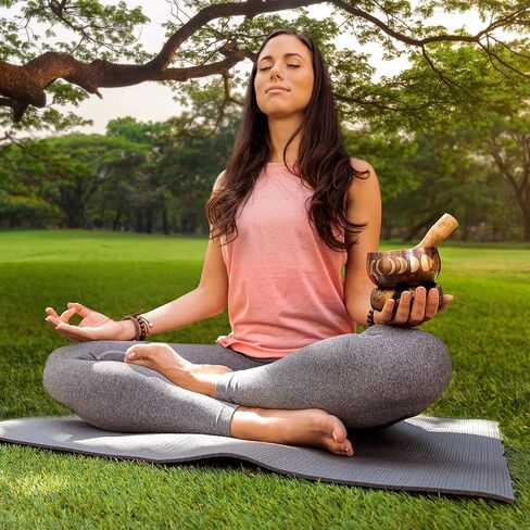 Singing Bowl Set with Wooden Mallet and Cushion, Brass – Unique, Tibetan Bowls for Meditation with Phases of Moon Design - Lightweight Bowl - Exquisite Spiritual Decor for Home, Yoga Studio in Kuwait