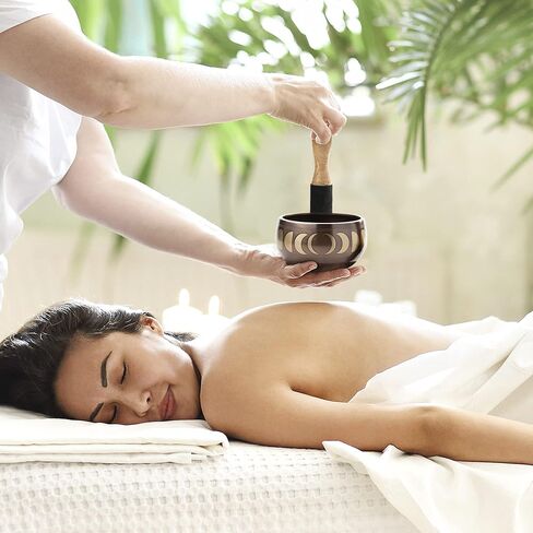 Singing Bowl Set with Wooden Mallet and Cushion, Brass – Unique, Tibetan Bowls for Meditation with Phases of Moon Design - Lightweight Bowl - Exquisite Spiritual Decor for Home, Yoga Studio in Kuwait