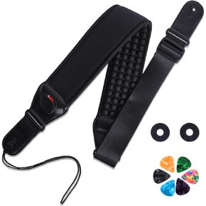 Global Park Bass Guitar Strap, Comfortable Adjustable Guitar Straps Padded Neoprene 3.14'' Wide Acoustic Electric Guitar, 2 PU Leather Ends, Black