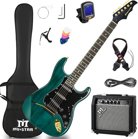 MUSTAR Electric Guitar Kit with 25W Amplifier, 39 Inch Full Size Solid Wood Electric Guitar Beginner Kits, Gig Bag, Digital Tuner, Capo, Strap, Cable, Picks, Birthday Holiday Gifts (Green, MEG-100) in Saudi Arabia