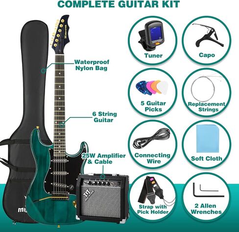 MUSTAR Electric Guitar Kit with 25W Amplifier, 39 Inch Full Size Solid Wood Electric Guitar Beginner Kits, Gig Bag, Digital Tuner, Capo, Strap, Cable, Picks, Birthday Holiday Gifts (Green, MEG-100) in Saudi Arabia