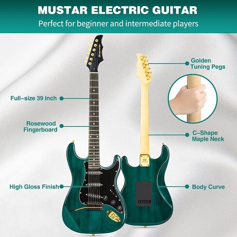 MUSTAR Electric Guitar Kit with 25W Amplifier, 39 Inch Full Size Solid Wood Electric Guitar Beginner Kits, Gig Bag, Digital Tuner, Capo, Strap, Cable, Picks, Birthday Holiday Gifts (Green, MEG-100) in Saudi Arabia