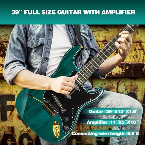 MUSTAR Electric Guitar Kit with 25W Amplifier, 39 Inch Full Size Solid Wood Electric Guitar Beginner Kits, Gig Bag, Digital Tuner, Capo, Strap, Cable, Picks, Birthday Holiday Gifts (Green, MEG-100) in Saudi Arabia