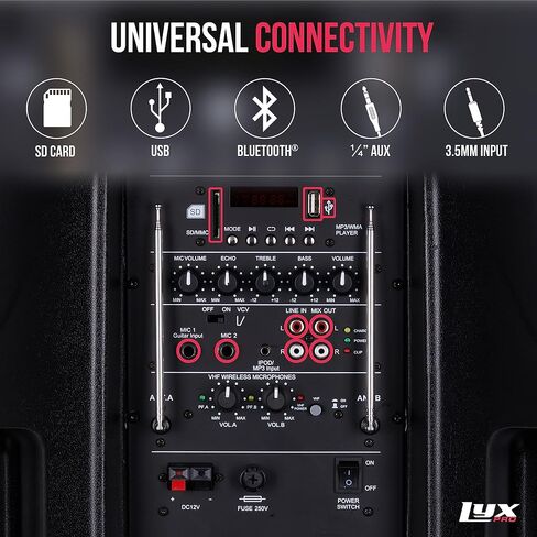 LyxPro 8 بوصة نظام سماعات بطارية قابلة لإعادة الشحن PA، معادل صوت، اتصال بلوتوث، فتحة SD USB MP3 AUX، ميكروفون، مدخلات 1/4 بوصة 1/8 بوصة 3.5 مم، بطارية SPA-8 in Kuwait