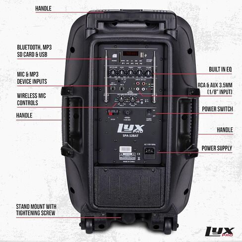 LyxPro 8 بوصة نظام سماعات بطارية قابلة لإعادة الشحن PA، معادل صوت، اتصال بلوتوث، فتحة SD USB MP3 AUX، ميكروفون، مدخلات 1/4 بوصة 1/8 بوصة 3.5 مم، بطارية SPA-8 in Kuwait