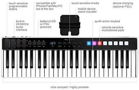 IK Multimedia iRig Keys I/O 49 portable keyboard MIDI controller 24-bit/ 96Khz audio interface full-size synth velocity-sensitive, 48V phantom power, XLR mic preamp, iPhone, iPad, Android, Mac, PC in Kuwait