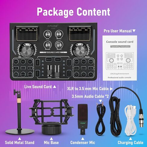 Podcast Equipment Bundle,Podcast Mixer with Sound Effects, LED Light Voice Changer Sound Card for Recording Studio- Podcast Starter Kit for Live Streaming Computer Vlog Living Broadcast in Kuwait