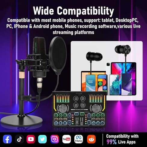 Podcast Equipment Bundle,Podcast Mixer with Sound Effects, LED Light Voice Changer Sound Card for Recording Studio- Podcast Starter Kit for Live Streaming Computer Vlog Living Broadcast in Kuwait