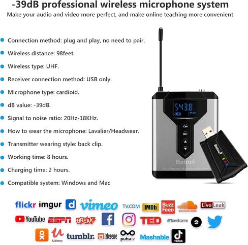 بيترون ميكروفون USB لاسلكي للكمبيوتر/اللابتوب/الكمبيوتر المكتبي، التوصيل والتشغيل، ميكروفون لافالير لاسلكي مع سماعة راس للتكبير والاجتماعات والبث الصوتي واليوتيوب والتسجيل عبر الانترنت in Kuwait