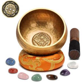 The7boX Tibetan Singing Bowl Set- 7 Chakra Crystal Stones Handcrafted For Meditation, Mindfulness, Yoga, Spiritual Healing And Stress Relief With Mallet And Cushion, Lotus Incense Holder in Kuwait