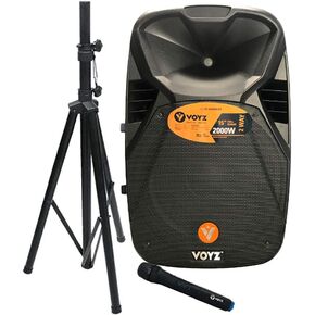VOYZ 2000 Watt Bluetooth Portable Speaker for Parties - Two Way 15" Loudspeaker - FM Radio, USB, SD, and MP3 Player - PA with Tripod Stand and Wireless Microphone - Perfect for Karaoke (VZ-DJKIT616S) in Kuwait