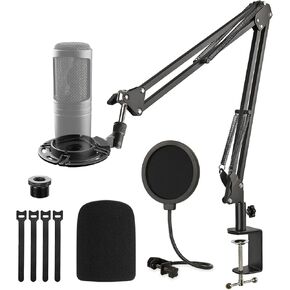 AT2020 Desktop Microphone Stand with Shock Mount, Foam Windscreen and Pop Filter Adjustable Mic Stand with Shockmount for Audio Technica AT2020 AT2020USB+ AT2035 ATR2500 Condenser Microphone by Frgyee