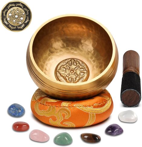 The7boX Tibetan Singing Bowl Set- 7 Chakra Crystal Stones Handcrafted For Meditation, Mindfulness, Yoga, Spiritual Healing And Stress Relief With Mallet And Cushion, Lotus Incense Holder in Kuwait