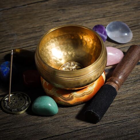 The7boX Tibetan Singing Bowl Set- 7 Chakra Crystal Stones Handcrafted For Meditation, Mindfulness, Yoga, Spiritual Healing And Stress Relief With Mallet And Cushion, Lotus Incense Holder in Kuwait