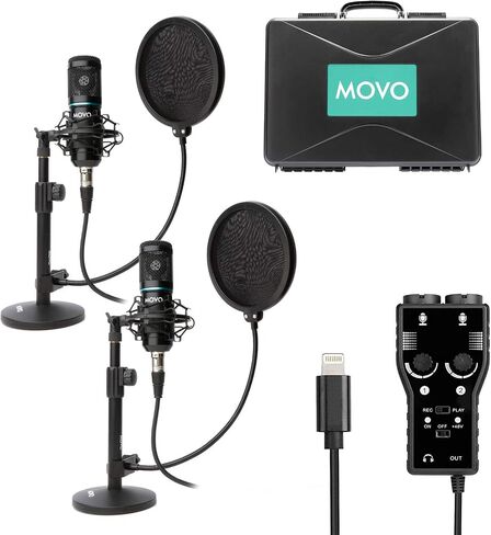 Movo Smartphone Podcast Recording Microphone Kit - 2 Pack Condenser Microphones, 2 Desktop Mic Stands, 2 Pop Filters, 2-Channel XLR Interface with Lightning Output - Compatible with iPhone, iPad, iOS in Saudi Arabia
