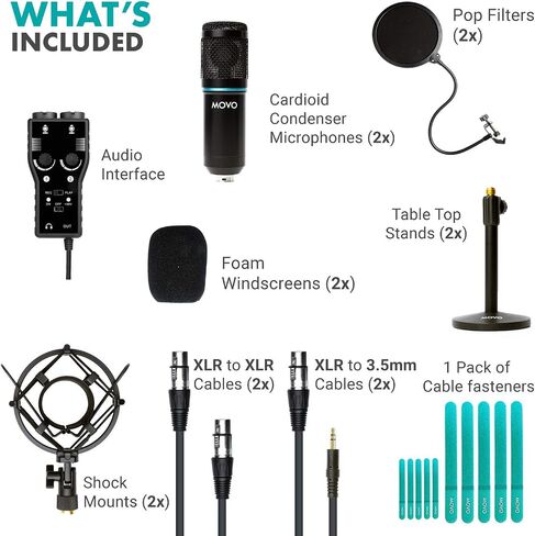 Movo Smartphone Podcast Recording Microphone Kit - 2 Pack Condenser Microphones, 2 Desktop Mic Stands, 2 Pop Filters, 2-Channel XLR Interface with Lightning Output - Compatible with iPhone, iPad, iOS in Saudi Arabia