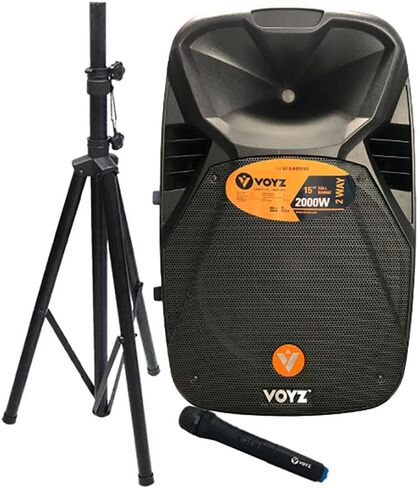 VOYZ 2000 Watt Bluetooth Portable Speaker for Parties - Two Way 15" Loudspeaker - FM Radio, USB, SD, and MP3 Player - PA with Tripod Stand and Wireless Microphone - Perfect for Karaoke (VZ-DJKIT616S) in Kuwait
