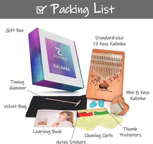 بيانو زوناز كاليمبا 17 مفتاحًا وميني كاليمبا 8 مفاتيح. يتضمن صندوق الهدايا 2 كاليمباس على شكل قلب أرنب لطيف. مجموعة كاملة من بيانو إصبع مبيرا in Kuwait