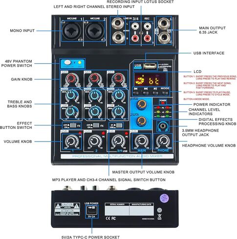 Micfuns MK2 2 XLR 2 قناة ستيريو خلاطات تسجيل غير مدعومة مع mp3 بلوتوث لتسجيل الموسيقى الحية للكمبيوتر in Kuwait
