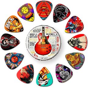 Guitar Picks 24 Pack Thin, Medium, Heavy & Extra Heavy Picks with Tin Box,Variety Pack Artistic Celluloid Guitar Pick for Bass Electric Guitar Acoustic Guitar Lovers Gift (Mix-1)