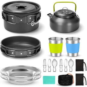 Odoland 15pcs Camping Cookware Mess Kit, Non-Stick Lightweight Pot Pan Kettle Set with Stainless Steel Cups Plates Forks Knives Spoons for Camping, Backpacking, Outdoor Cooking and Picnic in Kuwait