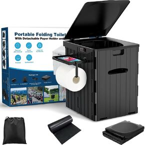 XL Portable Toilet for Adults, 15.4" H Foldable Camping Toilet with Detachable Phone Shelf and Toilet Paper Holder, Waterproof Porta Potty with Lid for Hiking, Long Road Trips, Car