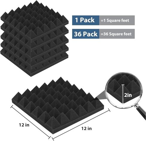 Ikaufen 36 Pack-12 x 12 x 2 بوصة ألواح إسفنجية صوتية مصممة على شكل هرم، ألواح إسفنجية مقاومة للصوت عالية الكثافة ومقاومة للهب للجدار والسقف in Kuwait